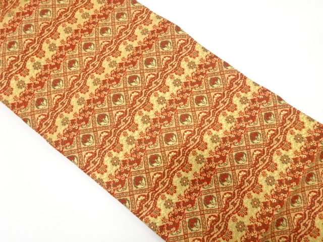 アンティーク　横段に草花模様織り出し名古屋帯（着用可）